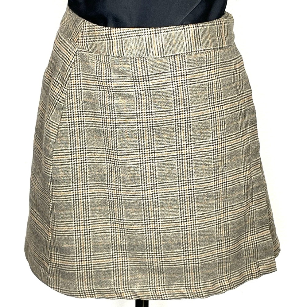 J. Galt‎ Women Skirt Plaid Faux Wrap Buckle Mini XS Brown MD383